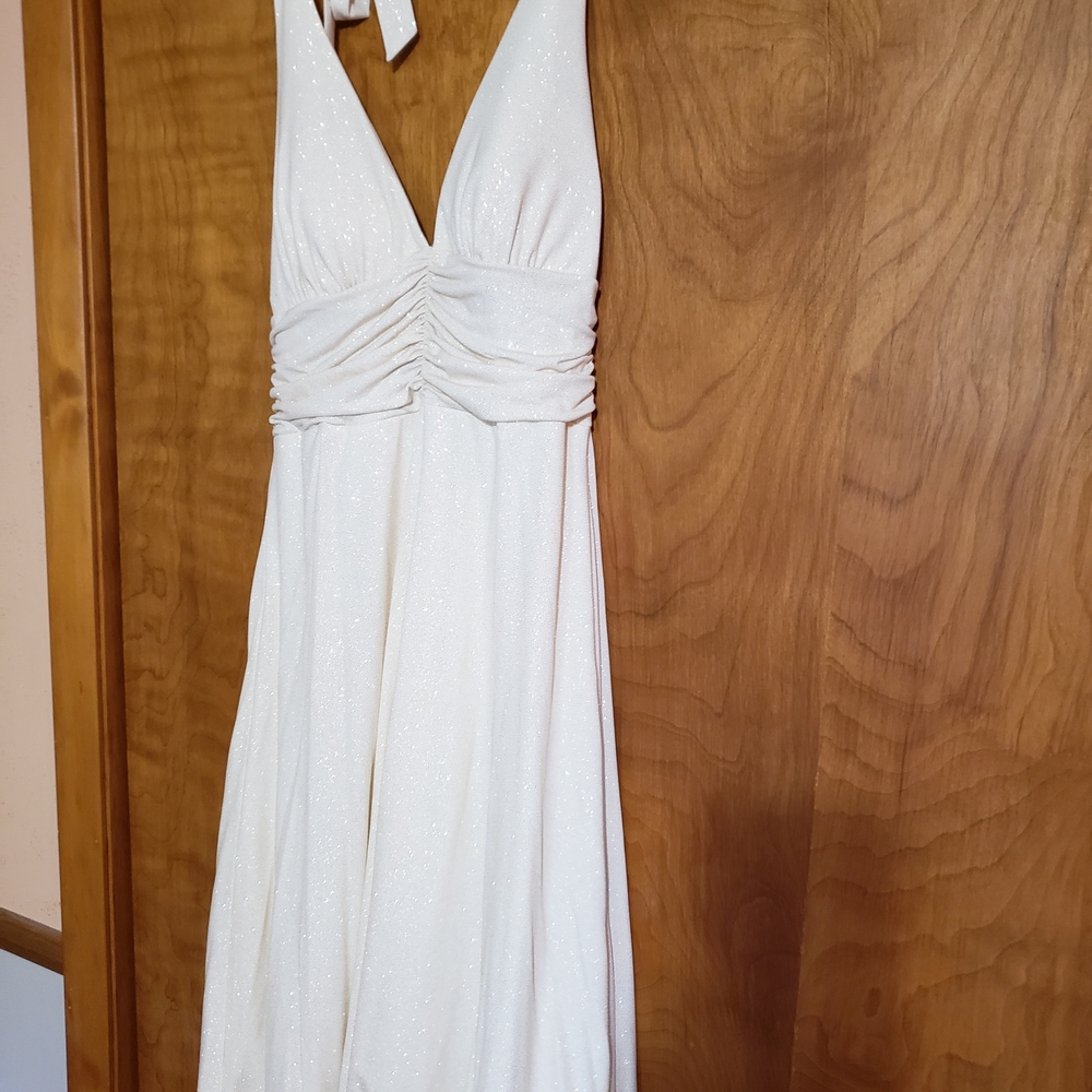 Speechless Shimmering Cream Backless Dress